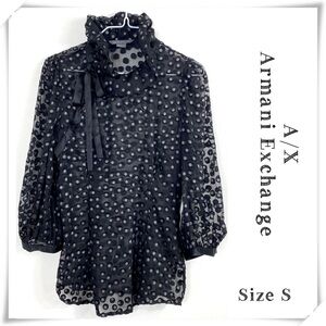 Ax Armani Exchange Ruffle Collar Polka Dots Sheer Blouse In Black